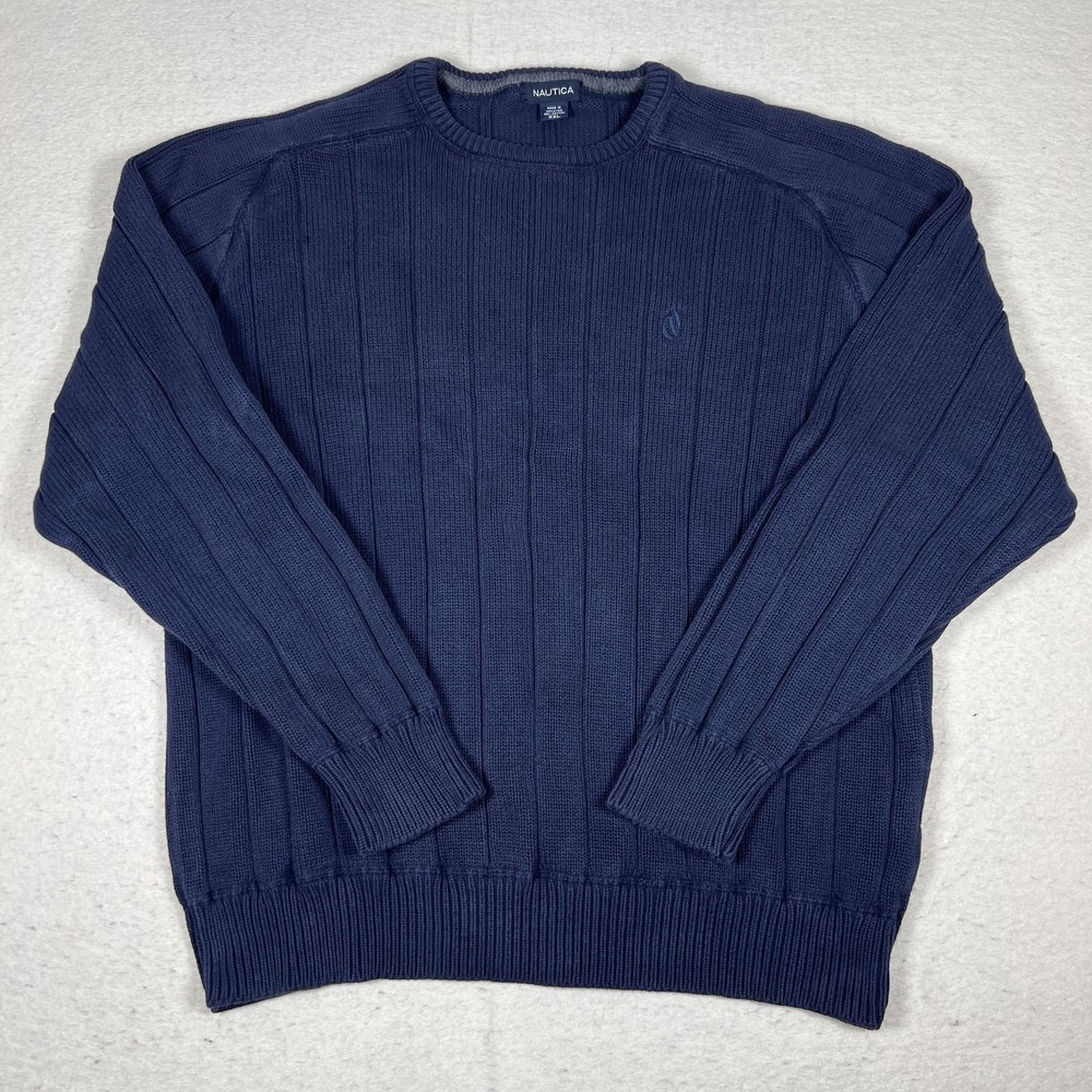 Y2K Nautica Sweater Mens 2XL Blue 100% Cotton Ribbed Crewneck Knit Pullover - Picture 2 of 7